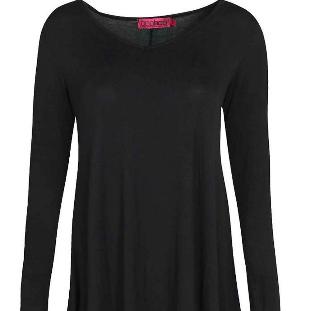 Boohoo Plus Long Sleeve Black Cotton Swing Dress